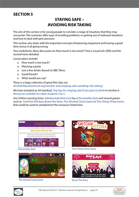100 page Talk About Alcohol workbook of 30 lesson plans, guidance, activities and games suitable for 11-18 year olds