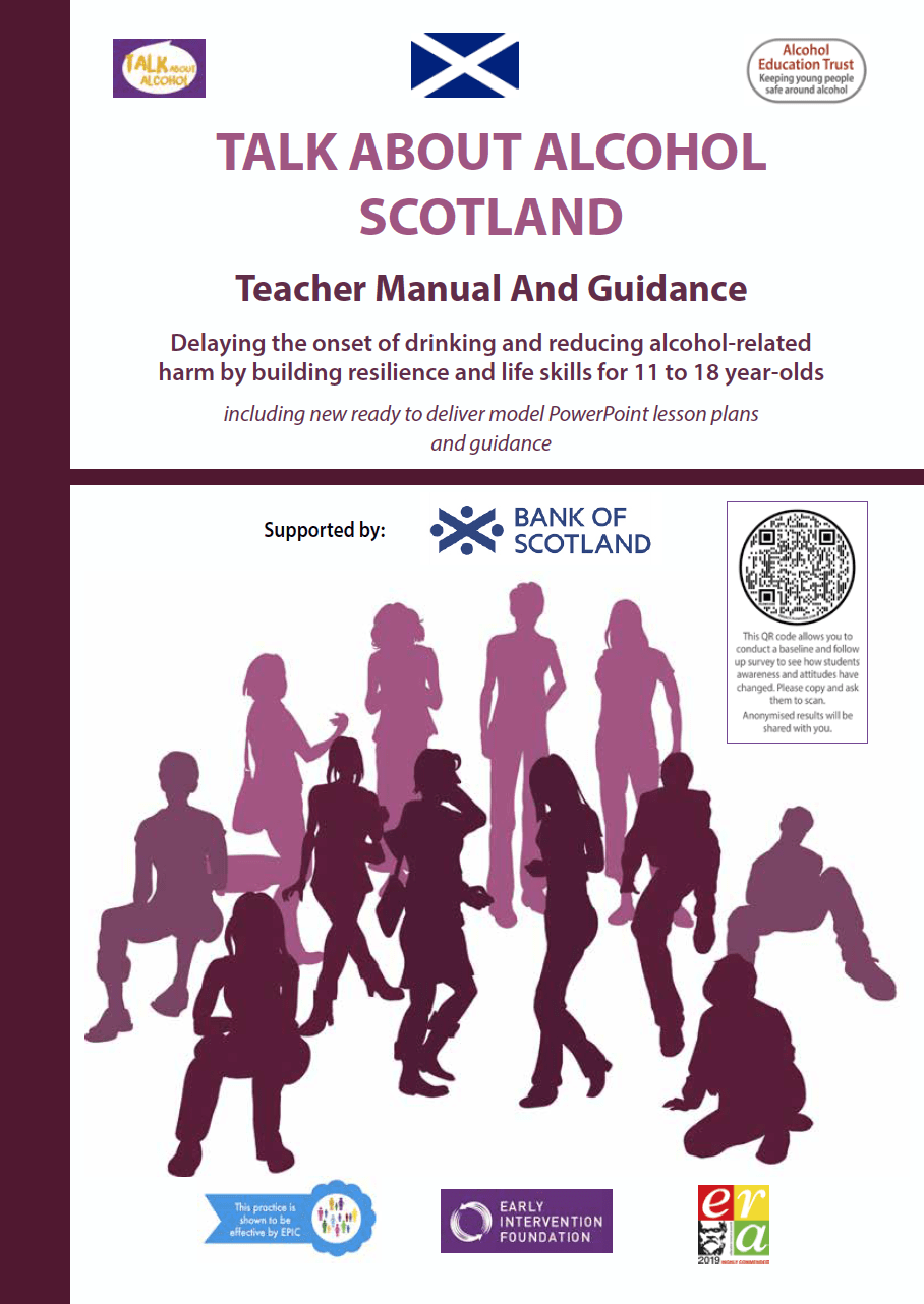 Scotland - 100 page Talk About Alcohol workbook of 30 lesson plans, guidance, activities and games suitable for 11-18 year olds